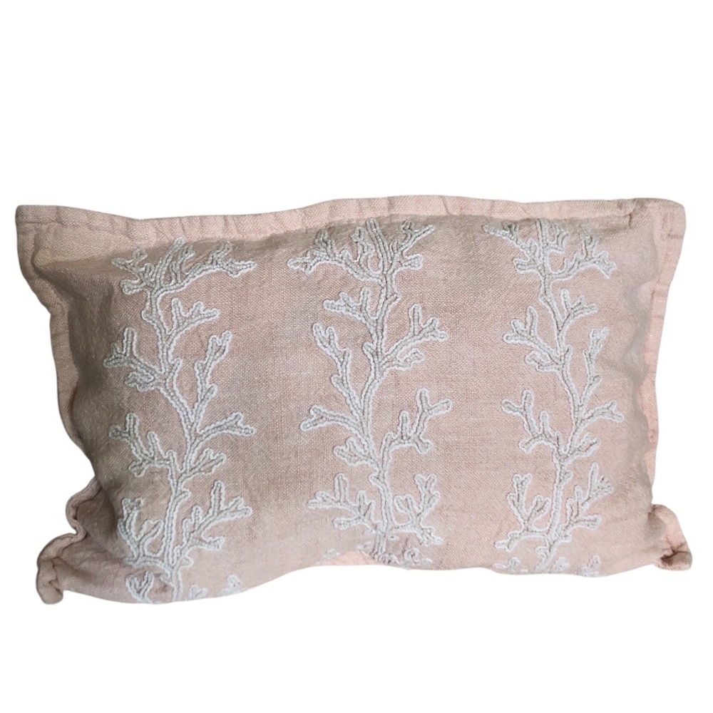 Serena and Lily Coral Peach Linen Embroidered Accent Pillow Cases set of 2 NWOT